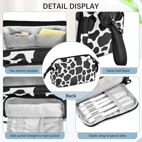 Image of Fisyme White Black Cow Print Pencil Case Large Capacity Pencil Pouch Pen Bags Box Big Makeup Pencil Case Organizer