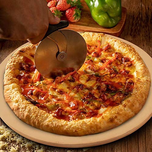 AUGOSTA Round Pizza Stone for Oven and Grill, Free Pizza Peel Paddle, Pizza Cutter Wheel and Pizza Server, Durable and Safe Baking Stone for Grill, Thermal Shock Resistant Cooking Stone, 13 Inch - Thumbnail 4