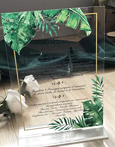Palm leaves Acrylic Menu Cards,10pcs Custom Party Menu Cards,Acrylic Wedding Invitations,Clear Acrylic Wedding Menu, Acrylic Dinner Menu Cards, Table Decorations (10pcs Acrylic with a base)