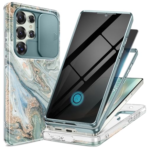 Image of GVIEWIN for Samsung Galaxy S25 Ultra Case, [Slide Camera Cover & Built-in Anti-Spy Privacy Screen Protector] [2 Front Frames] Shockproof Military Grade Marble Phone Case for S25 Ultra 6.9 inch(Ocean Tide)
