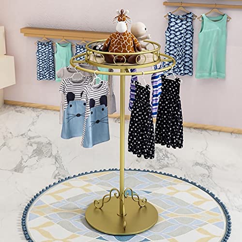 Perchero Giratorio de 360° para Tienda de Ropa Infantil. Estante Redondo Nakajima con Marco de Metal y Estante de Madera. Pintura en Aerosol Nano Dorada anticorrosión.