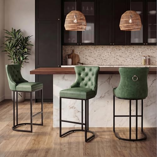 Image of UVV Counter Height Bar Stools Set of 1, 26 inch Modern Barstools with Back, Faux Leather Upholstery Counter Chairs with Metal Legs for Kitchen Island, Bar, Counter, Green