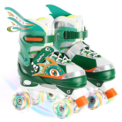 Rollschuhe für Kinder mit leuchtenden Rädern und 4 Größen einstellbar Quad Roller Skates für Anfänger (Green, M)