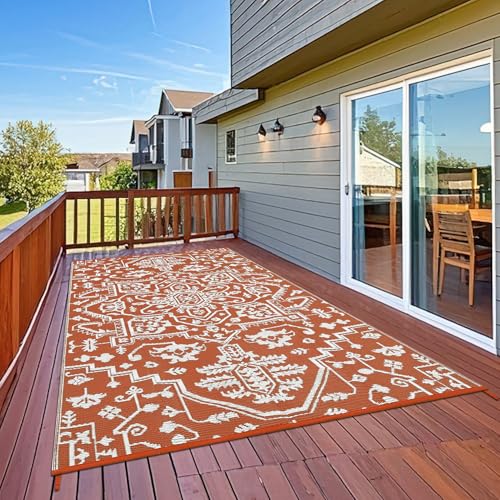 Garvee Outdoor Rug 10x14 Waterproof for Patios, Reversible Plastic Straw Camping Rug Carpet, Large Area Rugs Mats for RV, Picnic, Backyard, Deck, Balcony, Porch, Beach,Brick red&White Brick 