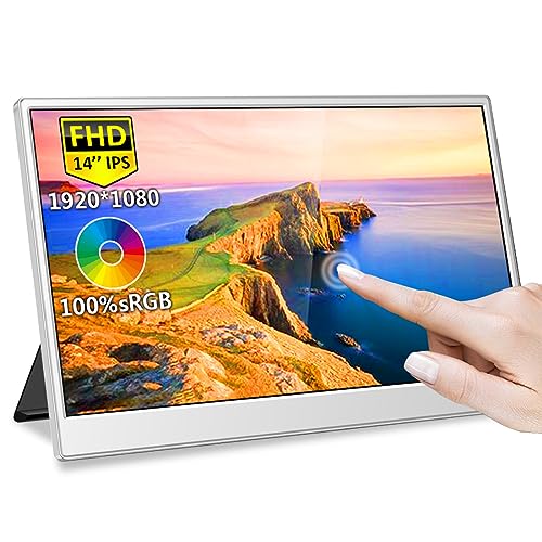 Image of 14 Inch Touchscreen Portable Monitor,FHD 1080p,100% sRGB Display,Built USB-C,HDMI,Mini DP,Folding Kickstand Extend Second Screen for Laptop /PC /Phone /Game Console