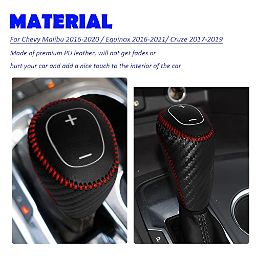 Deytop Gear Shift Knob Cover For Chevy Malibu & Equinox 2016-2020/ Cruze 2017-2019 Auto Leather Gear Shifter Knob Protector Trim For Chevy Eqionox 2021 Accessories (Carbon Fiber With Red Stitches) #TOP3