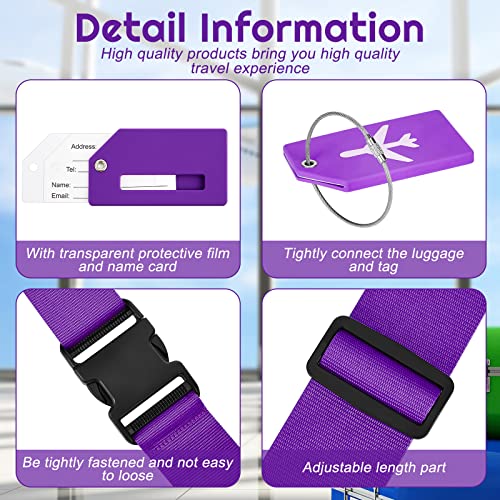 Weewooday 8 Pcs Luggage Straps Suitcase Tags Set for TSA Approved, 4 Travel Adjustable Suitcase Belt, 4 Silicone Luggage Tags with Name ID Card Travel Accessories(Dark Purple,Airplane) - Thumbnail 3