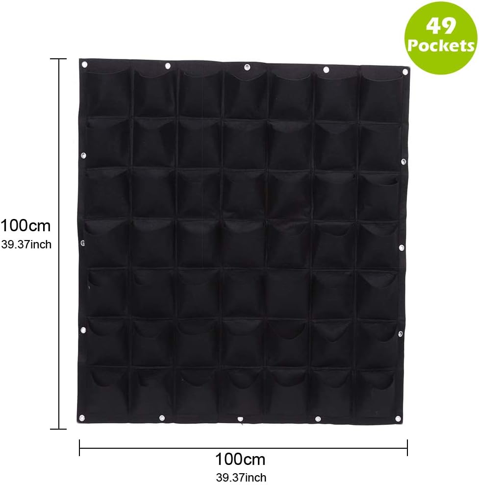 Hanging Planting Grow Bags, 49 Pockets Hanging Vertical Wall Planter Wall Mounted Grow Bag Outdoor Indoor Gardening Vertical Greening Flower Container, Planting Bags Storage Bags(1.0 m × 1.0 m, Black)