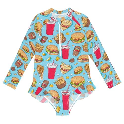 Quick Dry One Piece Swimsuits Girls Colorful Food Blue Yellow Rash Guard Sun Protection Kids Bathing Suits Hawaii Swimwear, Size 7-8