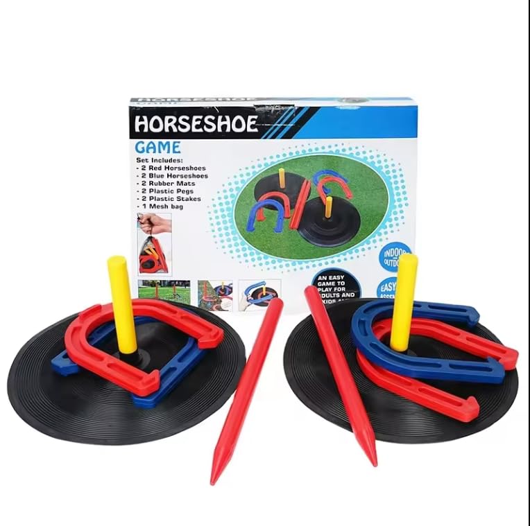 Jeu de fer à cheval - Pour l'intérieur et l'extérieur - 2 poteaux avec assiette en caoutchouc, 2 piquets de jardin, 4 fers à cheval en caoutchouc, avec sac en filet