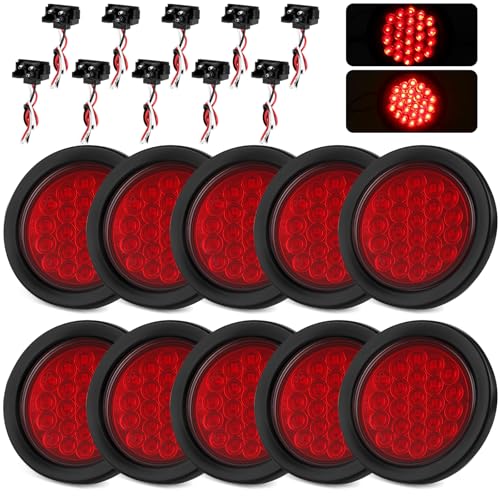 Ronybuy 10Pcs 4 Inch Round Led Trailer Tail Lights Red 24 LED Trailer Lights Waterproof 4 Stop Turn Brake Led Tail Lights Sealed Flush Mount for Trucks RV Include Grommets 3-Prong Wire Plugs