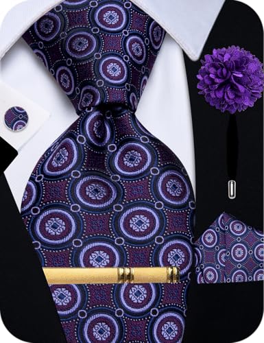 Image of YourTies Silk Paisley Floral Tie and Pocket Square Cufflinks with Lapel Pin Sets for Men 5PC Wedding Party