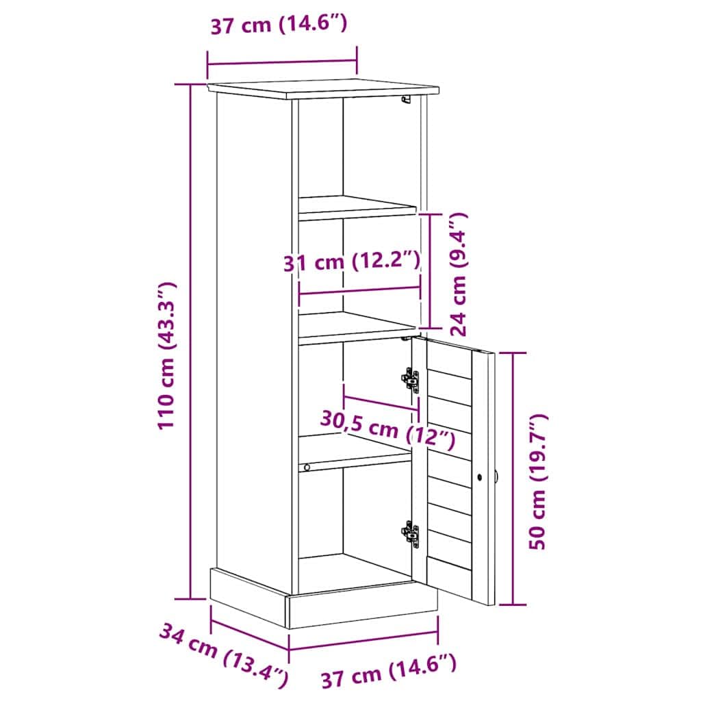 VIGO - Armadietto da bagno bianco anticato in legno di pino massiccio, 37 x 34 x 110 cm, con 4 ripiani e porta, per bagno degli ospiti, WC, spazio per ordine e ripiano