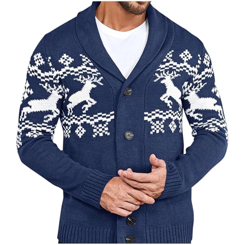 Men's Christmas Ugly Sweaters Elk Print V Neck Button Down Long Sleeve Sweater Cardigans Festival Xmas Clothes