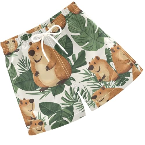 Pigsaly Boys Swim Trunks Capybara Summer Palm Leaf Boys Board Shorts Swimsuit Swimwear Summer Bathing Suit 3T