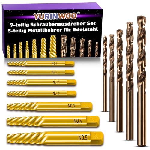 Juego de 12 extractores de tornillos de titanio con 5 brocas en espiral de cobalto, dureza HRC 80, extractor izquierdo, herramienta de extracción de tornillos, para aflojar y quitar tornillos fijos o