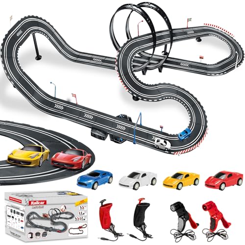 Tucraew Slot Car Race Track Sets, Electric Race Car Track with 4 High-Speed Slot Cars, 2 Electric Controller and 2 Manual Controller Circular Overpass Track, Gift for Kids Ages 6 7 8-12