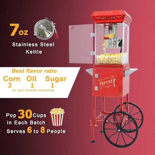 Image of Popcorn Machine Cart - 7OZ Kettle Stainless Steel Popcorn Maker Machine with Retro Vintage Cart & Wagon Wheels, Home Theater Style for Home, Community Events, Markets, Parties, School
