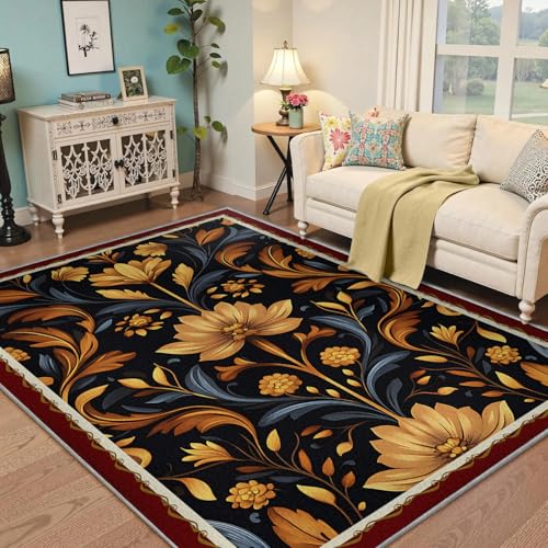 Tapis d'espace 120x170cm lavable antidérapant et tapis vintage fleuri noir et or