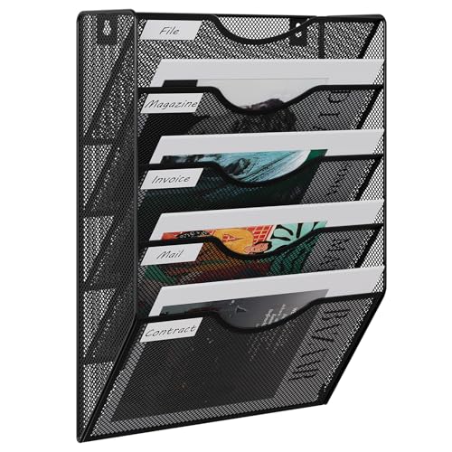 EasyPAG 5 Fächer Metall A4 Zeitschriftenhalter Wand Zeitschriften Wandhalter Aktenablage Dokumentenhalter Hängend Magazin Organizer Flyerhalter Prospektspender,Schwarz