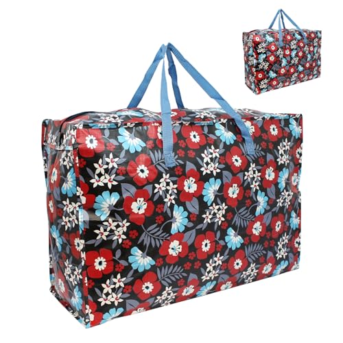 Extra-Large 100L Storage & Shopping Bag – Heavy-Duty PVC Zip Holdall for Laundry, Moving, Travel & Home Organisation - Red Flower