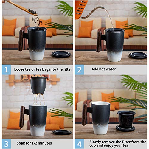 Tomotime Ceramic Tea Cup with Infuser and Lid Tea Mugs Wooden Handle 400ml/13.4oz Black