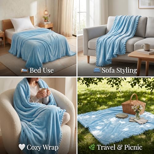 Image of SANMARINO 250 GSM Flannel Blanket for Single Bed | Ultra Soft Velvet Touch Throw Blanket with Decorative Pom Pom Fringe | Lightweight & Breathable All-Season /Mild Winter -152x228 cm,Aqua