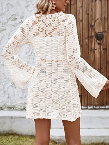 Verdusa Women's Crochet Cardigan Lightweight Kimono Sweater Tie Front Flounce Sleeve Sheer Knit Top2