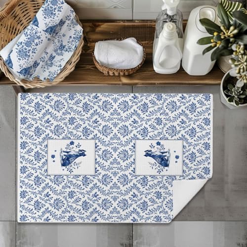 Image of Chinoiserie Boxer Dog Kitchen & Hand Towels Set of 2, Blue and White Floral Dog Dish & Tea Towels for Farmhouse Kitchen Bathroom Decor,Vintage Toile Dog Lover Gifts for Women 16x24 Inch
