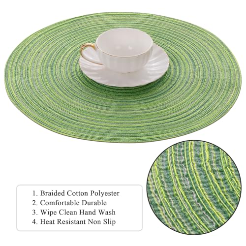 Image of SHACOS Round Placemats Set of 8 Washable 15 inch Round Table Mats Braided Non Slip Fabric Place Mats for Dining Table Indoor Outdoor (Mixed Color Pea Green, 8)