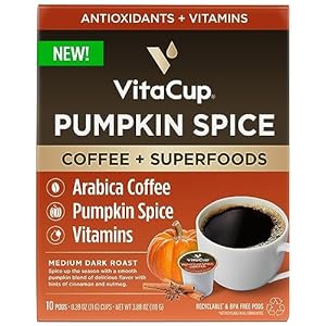 VitaCup Pumpkin Spice Coffee Pods, with Antioxidants, Vitamins, Medium Dark Roast 100% Arabica Coffee, Recyclable Single Serve Pods Compatible with Keurig K-Cup Brewers,10ct