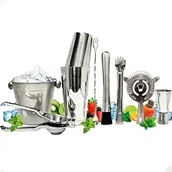 Kit Coqueteleira Boston 820 Ml Acessórios Inox Profissional - Coqueteleira Profissional Boston, Socador, Dosador, Balde, Pegador de gelo, Colher Bailarina Tridente, Espremedor, Coador Stainer