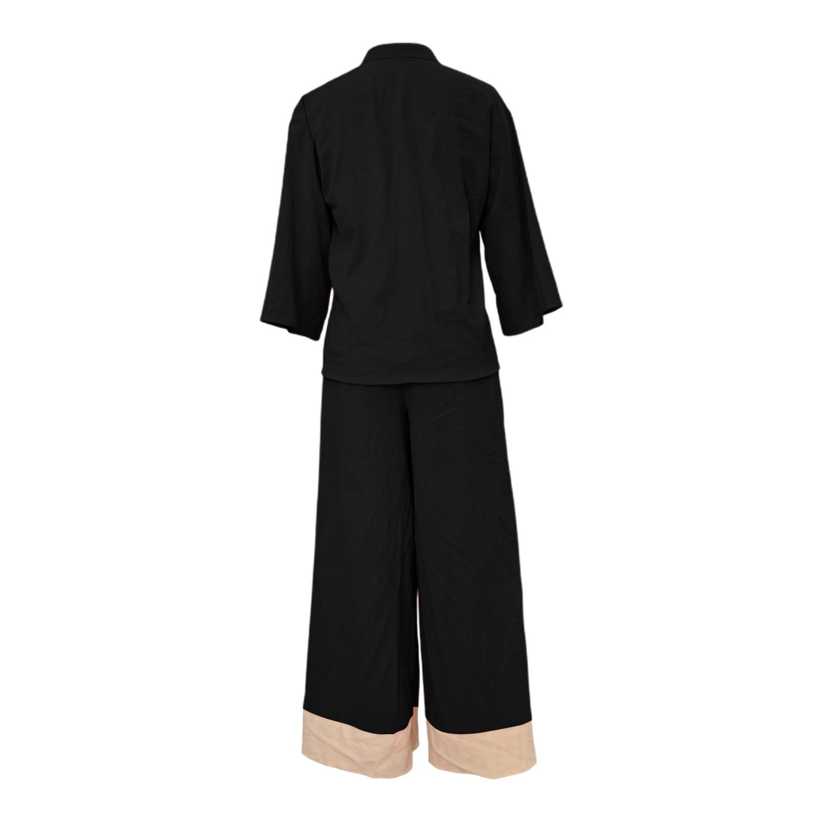 Generisch Damen Sommeroutfit mit französischem Kragen Bluse weiter Hose – leichtes atmungsaktives Set für Reise Büro Freizeit Alltag Date Shopping (Black, XXXL)