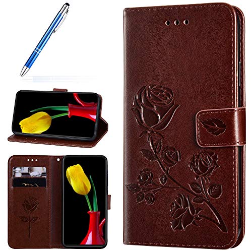 Robinsoni Case Compatible with Samsung Galaxy A10 PU Leather Wallet Cover Retro Case Glossy Lavish Glitter Rose Printed Book Case TPU Silicone Inner Case Folio Flip Magnetic Flower Case Brown