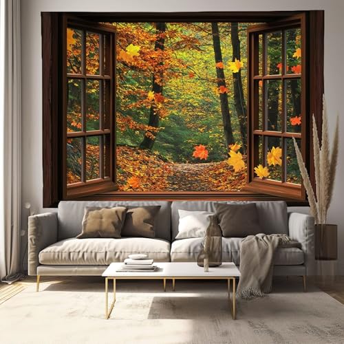 Tapisserie fenetre automne foret orange pour une atmosphere chaleureuse et apaisante