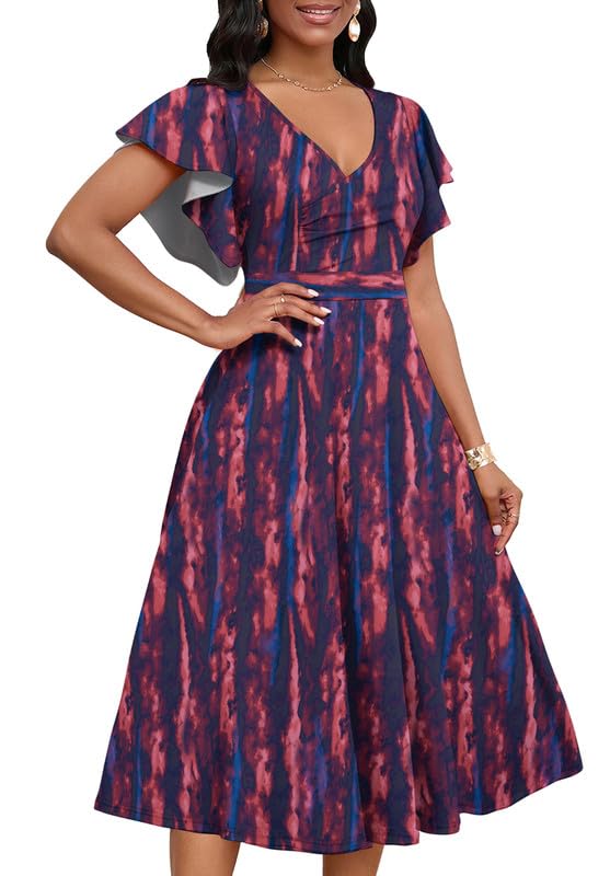 Image of MarryUP Women's Cocktail Midi Dress Elegant V Neck Ruffle Short Sleeve Wrap Wedding Guest Semi Formal A Line Dress