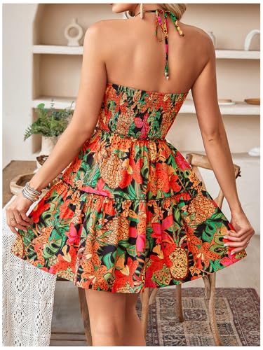 Image of Floerns Women's Floral Sleeveless Halter Dress Milkmaid Flare Hem Boho Mini Dress