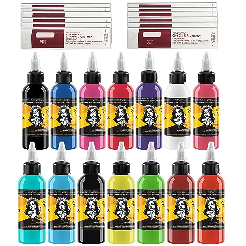 Tattoo Ink Set of 14 Professional Tattoo Ink - 30ml/Bottle Full Colour Pure Pigment Ink with 10pcs Scar Repair Cream for Micro Sculpture, Makeup, Beauty, Body Painting, and Art