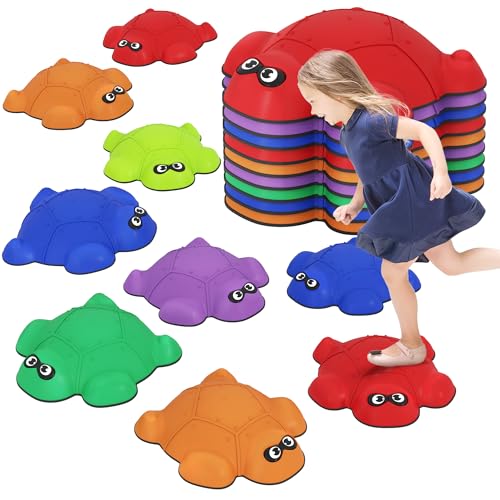 AIYAPLAY Balance Stepping Stones, 9-Piece Turtle-Shaped Stackable Obstacle Course with Non-Slip Edge, Indoor Outdoor River Stones for Kids Age 3-8 Years, Multicoloured