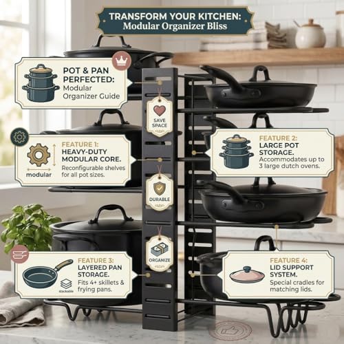 Image of 8 Tier Pot Organizers Rack with 3 DIY Methods, Adjustable Pan Organizer under Cabinet Kitchen Organization and Storage