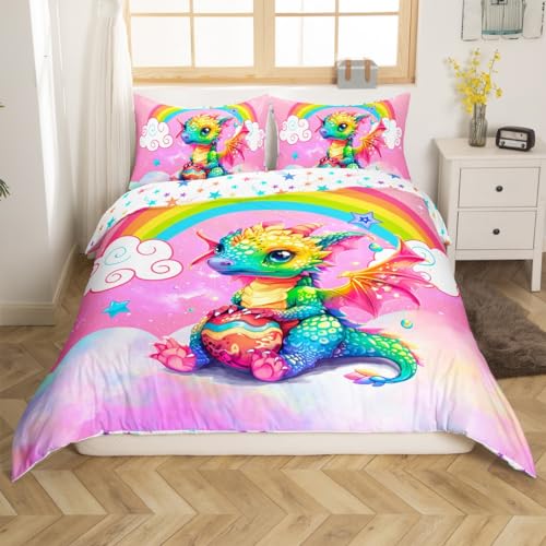 Loussiesd Kids Dragon Duvet Cover Double Size Cartoon Dragon Egg Print Bedding Set Rainbow Comforter Cover Set Pink Nebula Bedspread Cover Mysterious Outer Space Quilt Set including 2 Pillow Case 3PCS - Image 2