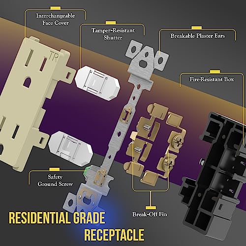Image of ENERLITES Decorator Receptacle Outlet, Tamper-Resistant, Gloss Finish, Residential Grade, 3-Wire, Self-Grounding, 2-Pole, 15A 125V, UL Listed, 61501-TR-I-10PCS, Ivory (10 Pack)
