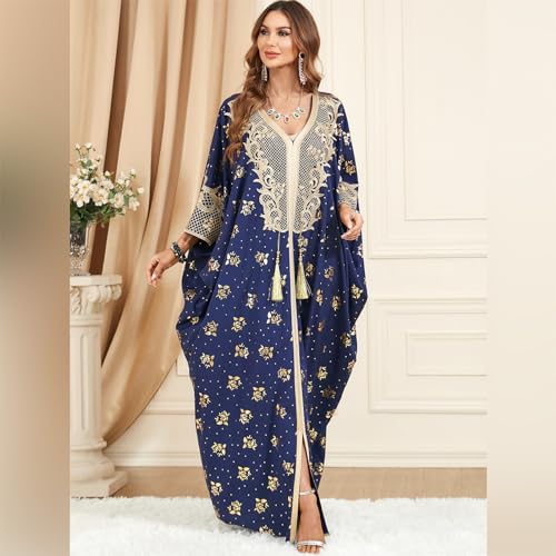 Image of OBEEII Muslim Dress for Women Loose Batwing Sleeved Hooded Beaded Embroidery Long Abaya Dress Kaftan Abayas Islamic Robe
