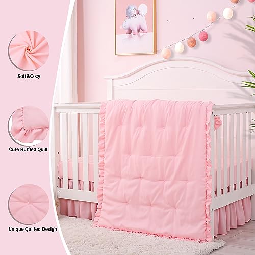 Image of Cloele 3 Pieces Crib Bedding Set for Girls- Solid Ruffle Quilted Includes Comforter Fitted Sheet Crib Skirt,Cute Ruffled Nursery Baby Crib Standard Size Baby Bedding Set Pink