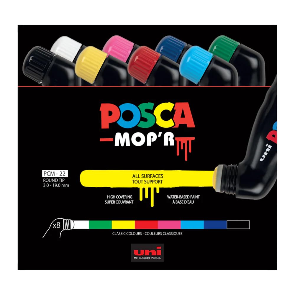 uni-ball Posca MOPR PCM-22 - Pennarelli a punta tonda multi superficie, 3 mm-19 mm, inchiostro multicolore, confezione da 8