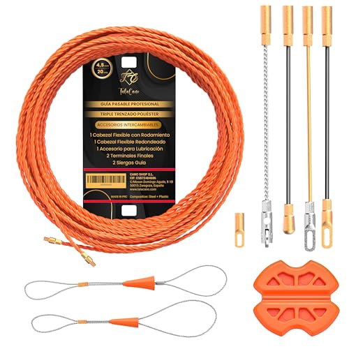 Guía Pasacables Profesional de 4,5 mm Poliester trenzado TALACANO | Enhebrador de Alambre para Electricista | Pasacables para Pared y Cableado Eléctrico | Extremos Intercambiables (20 Metros)