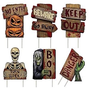 MOPOIN Halloween Deko Hof Schilder mit Stöcken, 6 Stück Halloween Warnschilder Halloween Deko Garten Gartenschilder Halloween für Rasen Straße Friedhof