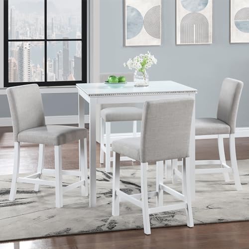 Image of KEIKI 5-Piece Counter Height Dining Table Set with Square Table and 4 Upholstered Chair, for 4 Person, Modern Style Crystal Decoration Wooden Table Set, Easy Assembly, for Kitchen, Dining Room,White