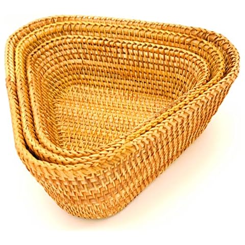 amololo Set of 3 Handmade Rattan Triangle Fruit Basket Side Table Decorative Organizers Corner Shelves Snack Serving Bowls,10 Inch Woven Wicker Brown Basket with 3" Wall Cover