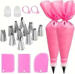 Conjunto de 21 sacos de confeitar e pontas com 12 pontas de aço inoxidável, 2 sacos de confeitar reutilizáveis, 2 acopladores, 3 raspadores e 2 anéis de silicone, kit de ferramentas de decoração de
